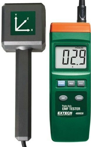 Extech 480826 Triple Axis EMF Tester, Three Axis (X, Y, Z) Electromagnetic Field Measurement (30Hz to 300Hz); Three axis (X, Y, Z direction) electromagnetic field measurement; Ideal for EMF measurements around power lines, electrical appliances and industrial devices; Wide measuring ranges (3 ranges of uTesla or mGauss); Big digit LCD display, Data hold; UPC: 793950488263 (EXTECH480826  EXTECH 480826 TESTER THREE AXIS)