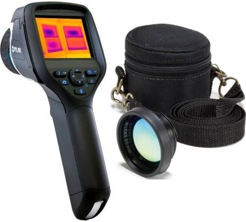 Flir 49001-1801-KIT-45 Model E30 Compact Infrared Thermal Imaging Camera with Telephoto Lens (45, f=10mm) with Case, Focal Plane Array detector with 160 x 120 pixels infrared resolution (19200 pixels), 0.1C @ 30C Thermal Sensitivity (N.E.T.D), Manual focus, Built-in laser pointer, 3.5