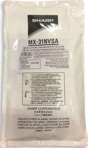 Sharp MX-31NVSA Tri-Color Developer; Sealed pack contains 3 pouches: Cyan, Magenta & Yellow; Net 720g or 25.39 oz; For use in Sharp MX Series Copiers: MX-2600N, MX-3100N, MX-4100N, MX-4101N, MX-5000N and MX-5001N; Made from Ceramic Materials, Polyester Resien, Organic Pigment, Iron Oxide, Manganese Oxide, Magnesium Oxide and Strontium Oxide; It is loose in each color pouch, not in cartridges; EAN 4974019830063 (MX-31NVSA MX 31NVSA MX31NVSA)