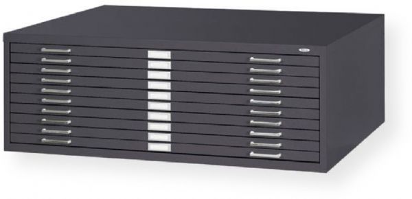 Safco 4986B Ten-Drawer Black Steel Flat File; Stores up to 500 sheets per unit active filing, 750 sheets of semi-active or 1,000 sheets of inactive material; Can be used individually or in a space-saving stack; 10-drawer files allow for easy retrieval of materials with ten separate 1