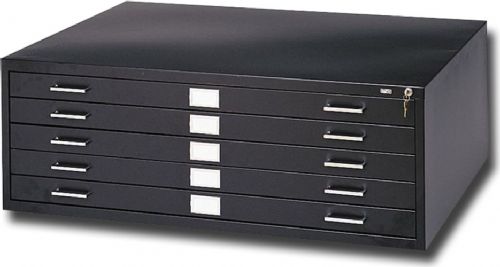 Safco 4996B Five-Drawer Black Steel Flat File; Classic modular files featuring electrically-welded heavy-gauge steel construction, double-thick wraparound corners, integral cap, and sturdy inner frames; Five-drawer files store up to 500 sheets per unit active filing, 750 sheets semi-active, and 1000 sheets inactive; Ten-drawer files allow for easy retrieval of materials with ten separate 1