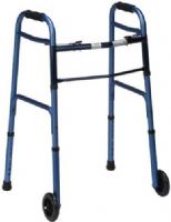 Mabis 500-1045-0100 Two-Button Release Aluminum Folding Walkers w/ Non-Swivel Wheels, Blue, Compact storage and lateral access, 5" front non-swivel wheels, Slip-resistant rubber tips on rear legs, Adjustable height in 1" increments; 32"–38", Molded soft foam handgrips, Slip-resistant rubber tips, Steel cross brace provides additional rigidity, Constructed of strong, lightweight 1" anodized aluminum tubing (500-1045-0100 50010450100 5001045-0100 500-10450100 500 1045 0100) 