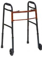 Mabis 500-1045-0200 Two-Button Release Aluminum Folding Walkers w/ Non-Swivel Wheels, Black, Compact storage and lateral access, 5" front non-swivel wheels, Slip-resistant rubber tips on rear legs, Adjustable height in 1" increments; 32"–38", Molded soft foam handgrips, Slip-resistant rubber tips, Steel cross brace provides additional rigidity, Constructed of strong, lightweight 1" anodized aluminum tubing (500-1045-0200 50010450200 5001045-0200 500-10450200 500 1045 0200) 