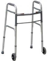 Mabis 500-1045-0600 Two-Button Release Aluminum Folding Walkers w/ Non-Swivel Wheels, Silver, Compact storage and lateral access, 5" front non-swivel wheels, Slip-resistant rubber tips on rear legs, Adjustable height in 1" increments; 32"–38", Molded soft foam handgrips, Slip-resistant rubber tips, Steel cross brace provides additional rigidity, Constructed of strong, lightweight 1" anodized aluminum tubing, UPC 041298000303 (500-1045-0600 50010450600 5001045-0600 500-10450600 500 1045 0600) 