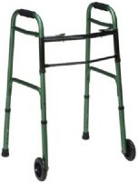 Mabis 500-1045-1200 Two-Button Release Aluminum Folding Walkers w/ Non-Swivel Wheels, Green, Compact storage and lateral access, 5" front non-swivel wheels, Slip-resistant rubber tips on rear legs, Adjustable height in 1" increments; 32"–38", Molded soft foam handgrips, Slip-resistant rubber tips, Steel cross brace provides additional rigidity, Constructed of strong, lightweight 1" anodized aluminum tubing (500-1045-1200 50010451200 5001045-1200 500-10451200 500 1045 1200) 