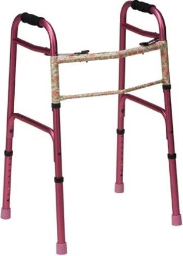 Mabis 500-1044-0900 Two-Button Release Aluminum Folding Walkers w/ Rubber Tips, Pink, Two-button release for easy folding, compact storage and lateral access, Adjustable height in 1