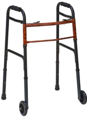 Mabis 500-1045-0200 Two-Button Release Aluminum Folding Walkers w/ Non-Swivel Wheels, Black, Compact storage and lateral access, 5