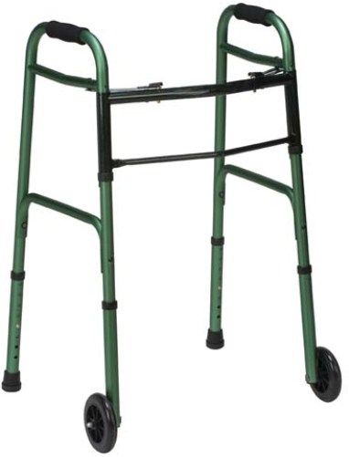 Mabis 500-1045-1200 Two-Button Release Aluminum Folding Walkers w/ Non-Swivel Wheels, Green, Compact storage and lateral access, 5