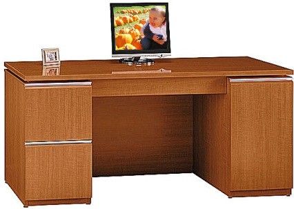 Bush 500-030-8200 Milano 66 Inch Credenza, Golden Anigre Finish, Expandable with a hutch, Pencil-keyboard drawer is included, Durable Diamond Coat finish resists stains and scratches, Shaped PVC edge banding to prevent collisions and dents, 2 lockable file drawers hold letter or legal sized files (500 030 8200 5000308200)