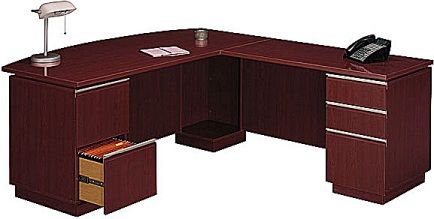 Bush 500-072-9000 Milano Right Hand L Desk, Harvest Cherry Finish, Accepts a keyboard tray/pencil drawer, Scratch and stain-resistant Diamond Coat finish, Shaped PVC edge banding to prevent collisions and dents, 2 box drawers and 3 file drawers for storage, All file drawers are lockable (500 072 9000 5000729000)