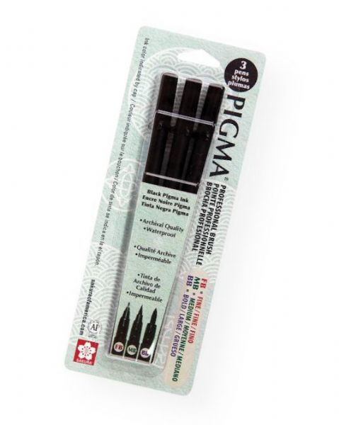 Pigma 50028 Brush Pen 3-Pack; Archival performance with a brush-style nib; Capable of drawing very fine lines or broad strokes depending on the pressure applied; Waterproof, chemical-proof, and fade-resistant, the ink lays down with a consistent flow and will not smear or feather when dry; Use for manga, graphic art, illustration, calligraphy/lettering, rubber stamps, fabric projects, and more; AP non-toxic; UPC 053482500285 (PIGMA50028 PIGMA-50028 PIGMA/50028 ARTWORK)