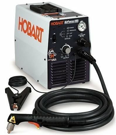 Hobart 500474 Airforce 400 Plasma Cutter, 27 A at 90 VDC Rated Output at 35% Duty Cycle, 288 VDC Max. Open Circuit Voltage, 4.5 CFM (129 L/min) at 60 PSI (414 kPA) Plasma Gas Flow/Pressure, H: 12 in (305 mm), W: 8-1/2 in (216 mm), D: 16 in (406 mm) Dimensions, 55 lb (25 kg) Net Weight, UPC 715959260268 (500474 AIRFORCE 400 AIRFORCE-400)