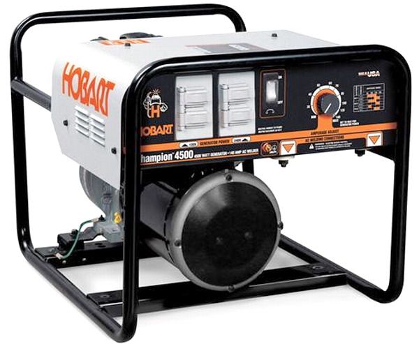 Hobart 500491 Champion 4500 8 HP Welder/Generator Outfit, 4500 watts surge generator power; 4000 watts continuous generator power; 140 amp AC welder for up to 1/8 in diameter AC stick electrodes; Versatile receptacle package: Two 20-amp 120 VAC receptacles with heavy-duty cover, UPC Hobart 500491 Champion 4500 8 HP Welder/Generator Outfit, 4500 watts surge generator power; 4000 watts continuous generator power; 140 amp AC welder for up to 1/8 in diameter AC stick electrodes; Versatile receptacle
