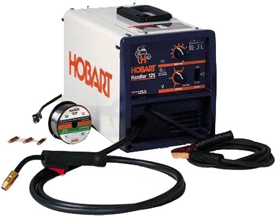 Hobart 500495 Handler 125 MIG Gas Metal Arc Welder 115VAC 60HZ, 30-125 A Current Range, Proven built-in wire feeder, Four output voltage settings, 29V Max. Open-Circuit Voltage, Work clamp-10 ft -3 m of work cable.1, Gas solenoid valve, Argon-mix regulator and 5 ft -1.5 m gas hose, Power cord/plug (500-495 50049 5004 HOB-500495)