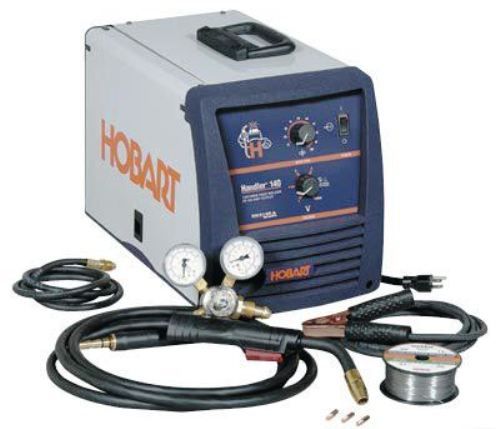 Hobart 500500 Handler 140 Mig Welder, Amperage output range of 25 to 140 Amps, 20% duty cycle @ 90 Amps, 19 Volts; 4 output voltage settings with wire feed tracking and purge setting; Welds 24gauge up to 1/4in.; Features builtin contactor and selfresetting thermal overload protection; UPC 715959314183 (500 500 500-500 50050 HOB-500500)
