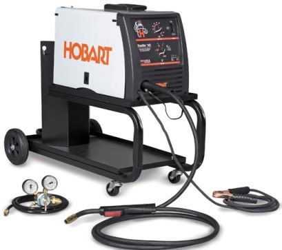 Hobart 500505 Handler 140 Mig Welder with Small Cart, 40-700 IPM Wire Feed Speed Range and 50-740 IPM at no load, 28 V Max. Open-Circuit Voltag, Built-in contactor eases use and is an excellent safety feature which makes wire electrically 