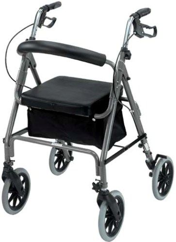 Mabis 501-1026-4100 Duro-Trek Lightweight Aluminum Rollator, Titanium, Curved padded backrest and flip-up cushioned seat, Height adjustable handles in 1