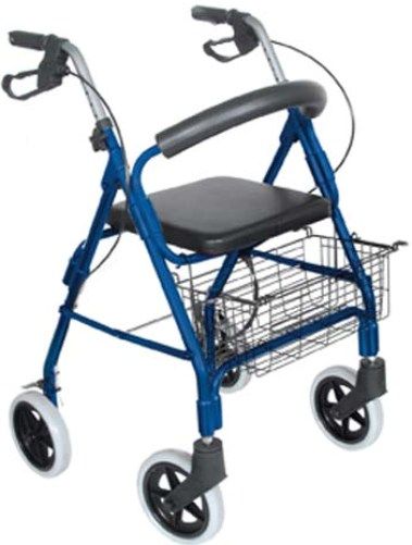 Mabis 501-1028-2100 Lightweight Aluminum Rollator, Royal Blue, Curved padded backrest and flip-up cushioned seat, Height adjustable handles in 1