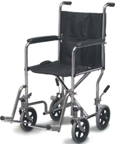 Mabis 501-1037-0600 19 Folding Steel Transport Chair, Chrome (without hand brakes), Transport chairs are designed for quick and easy transport of the user without the cumbersome bulkiness of a wheelchair, Quick release fold-down back, Removable swing-away leg riggings, Padded fixed armrests, Dual push-to-lock rear wheel brakes, Adjustable seat belt, Weight capacity: 250 lbs., Also available without bicycle-style, loop-lock hand brakes, Latex Free (501-1037-0600 50110370600 5011037-0600 501-10