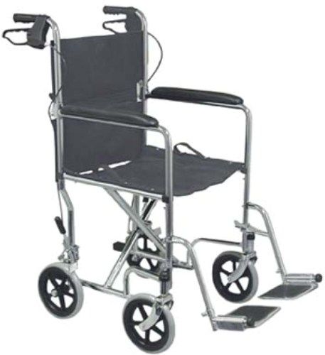Mabis 501-1037-0678 19 Folding Steel Transport Chair, Chrome (with hand brakes), Transport chairs are designed for quick and easy transport of the user without the cumbersome bulkiness of a wheelchair, Quick release fold-down back, Removable swing-away leg riggings, Padded fixed armrests, Dual push-to-lock rear wheel brakes, Adjustable seat belt, Weight capacity: 250 lbs., Also available without bicycle-style, loop-lock hand brakes, Latex Free (501-1037-0678 50110370678 5011037-0678 501-10370