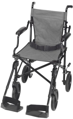 Mabis 501-1058-0200 Folding Transport Chair with Carrying Tote, Black, Folding Transport Chair with Carrying Tote. Unique design compactly folds to only 10 x 16, Zippered nylon carrying bag allows for easy storage and transport, Padded, easy to clean nylon seat and back with padded armrests, Swing-down armrests and removable leg riggings, Push-to-lock rear wheel brakes and seat belt provide security and peace of mind for the user and caregiver (501-1058-0200 50110580200 5011058-0200 501-105802
