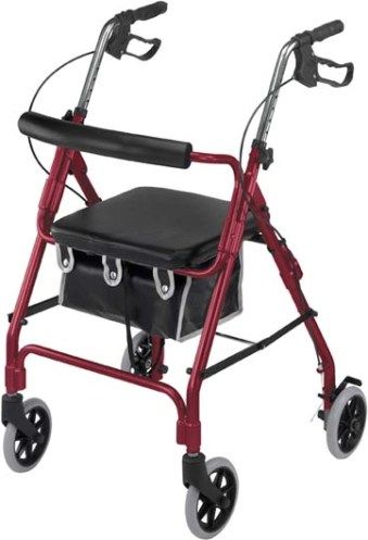 Mabis 501-2012-0700 Ultra Lightweight Aluminum Rollator, Curved Backrest, Burgundy, Curved padded backrest and flip-up cushioned seat, Height adjustable handles in 1
