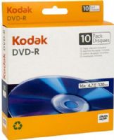Kodak 50106 DVD-R 10-Pack Disques Box with Paper Sleeves; Excellent for storing video presentation, photo archiving, music and long term data preservation; Playback compatible with Home DVD Players and DVD-ROM Drives; 16x Recording Speed; 4.7Gb storage on each DVD; 120 min playback time in Standard Play; UPC 881295501065 (50-106 501-06) 