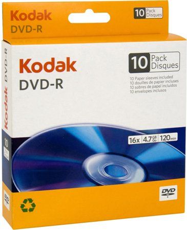 Kodak 50106 DVD-R 10-Pack Disques Box with Paper Sleeves; Excellent for storing video presentation, photo archiving, music and long term data preservation; Playback compatible with Home DVD Players and DVD-ROM Drives; 16x Recording Speed; 4.7Gb storage on each DVD; 120 min playback time in Standard Play; UPC 881295501065 (50-106 501-06)