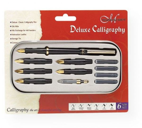 Manuscript 5-020180-011554 Deluxe Calligraphy Set; Contains deluxe calligraphy pen with medium gilt nib and band, five additional gilt nibs including fine, broad, 2B, 3B, and 4B, four black ink cartridges, ink converter for bottled ink, instruction leaflet, and storage tin; Shipping Weight 0.10 lb; Shipping Dimensions 8.30 x 5.80 x 1.10 inches; UPC 762491115501 (MANUSCRIPT5020180011554 MANUSCRIPT-5020180011554 MANUSCRIPT-5-020180-011554 MANUSCRIPT/5020180011554 5020180011554 PEN CALLIGRAPHY)