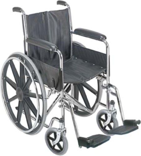 Mabis 503-0658-0200 18 Wheelchair with Fixed Armrests, Features fixed armrests, perfect for use with a wheelchair tray, Chip-resistant, chrome-plated, carbon-steel frame construction, Single axle, 24