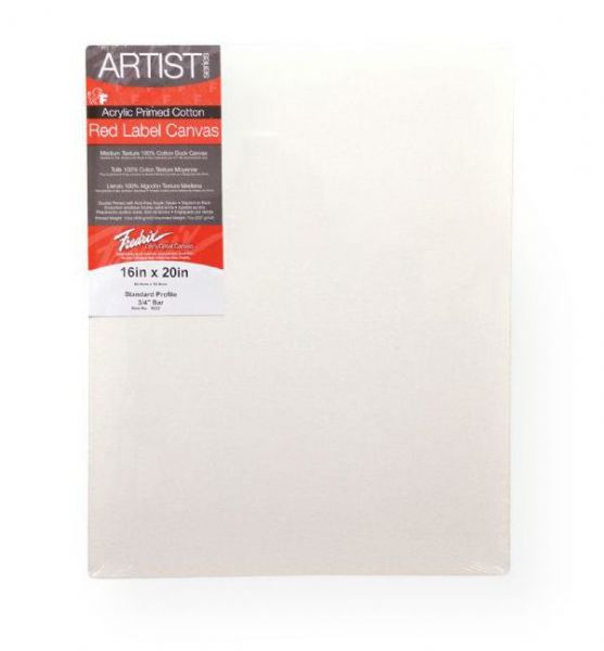 Fredrix 50454 Artist Series-Red Label 16 x 16 Stretched Canvas; Features superior quality, medium textured, duck canvas; Canvas is double-primed with acid-free acrylic gesso for use with oil or acrylic painting; It is stapled onto the back of standard stretcher bars (11/16
