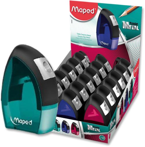 Maped 506800 Single-Hole Canister Pencil Sharpener Display; Metal sharpening blade housed in a stylish, asymmetrical plastic body; Single-hole sharpener works on all pencil shapes in standard sizes; Assorted colors; Contents: 18 single-hole sharpeners; Dimensions 5.72