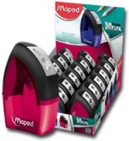 Maped 506900 Double-Hole Canister Pencil Sharpener Display; Metal sharpening blade housed in a stylish, asymmetrical plastic body; Double-hole sharpener works on all pencil shapes in standard and larger sizes; Assorted colors; Dimensions 7.17" x 5.51" x 8.25"; Weight 1.47 lbs (MAPED506900 MAPED 506900 MAPED-506900) 