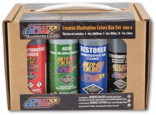 Createx Color 5084-A Illustration Colors Box Set; Illustration Colors are heavily pigmented transparent colors which dry to a matte finish; Colors may be reduced and over-reduced in any ratio with 4012 And 4020 Reducers; Illustration Colors appear glossy and vibrant with dimension after a gloss, top-coat clear is applied; Dimensions 5.75