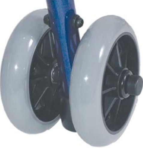 Mabis 509-1101-0086 5 Dual Rear Wheel Assembly; for 1011 Series Rollator, Weight activated brakes engage when weight is transferred to the handlbars or seat, forcing the rear tips to slow or stop the rollator. This is an ideal solution for those with limited hand dexterity or who have trouble grasping loop-lock hand brakes (509-1101-0086 50911010086 5091101-0086 509-11010086 509 1101 0086)