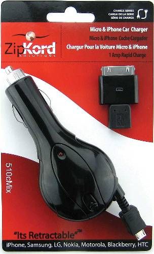 ZipKord 510CMIX Retractable Micro Car Charger with 30-Pin Adaptor; Our multi-tip kit is capable of charging a variety of phones including most current Android, iPhone, Samsung, LG, Motorola, Blackberry and Legacy iPhone models; Compatible with iPhone devices up to 4th generation, most iPod models and phones that charge using a Micro USB connector; UPC 816281010603 (510-CMIX 510C-MIX)