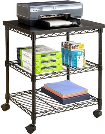 Safco 5207BL Deskside Wire Machine Stand, Black; Perfect answer to your small office machine needs; Two sturdy shelves to hold paper, supplies or snacks; 50 lbs. per shelf/100 lbs. (top shelf) Weight Capacity; Four swivel casters (2 locking); Dimensions 24