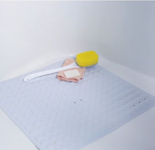 Mabis 523-1742-1900 Shower Mat w/ Drainage Holes, 23-5/8 Square, Helps reduce the risk of falling down or sliding while bathing and provides cushioned softness for comfort and safety, Slip-resistant suction cups anchor mats to tub or shower surface, White vinyl resists dirt, mildew, fading and peeling, Drainage holes, Made of white vinyl, Measures 23-5/8