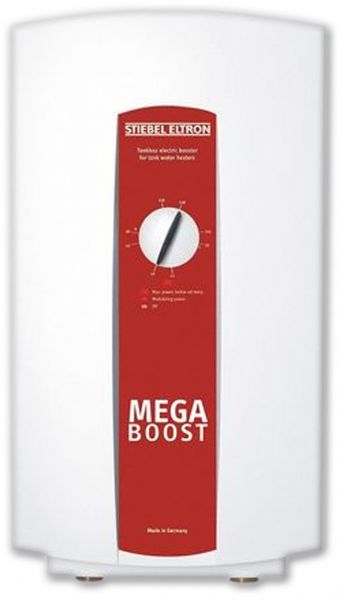 Stiebel Eltron 524201 MegaBoost DHW Tankless Electric Water Heater Booster; Significantly increases mixed water volume; Greatly decreases tank recovery times; High limit switch with manual reset; Easy installation 1/2