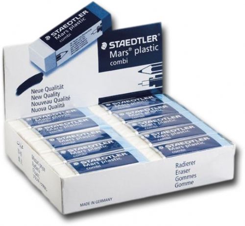 Staedtler 526208D Combi Eraser Display; Latex-free white eraser for erasing pencil marks on paper and film, and blue eraser for drawing ink on paper and matte drafting film; Also erases overhead projector pen marks on overhead film; 20 shrink-wrapped latex-free pencil/ink erasers; Dimensions 2.5