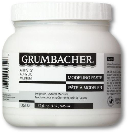 Grumbacher 52632 Modeling Paste 32oz; For texture effects; Ready-to-use paste with excellent adhesive qualities; Shape and texture when wet; Cut, carve, and sand when dry; Makes acrylic colors more viscous, translucent, matte, and slower drying; Dimensions 5
