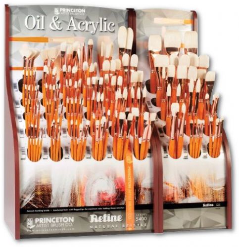 Princeton 5401D Best Refine Natural Bristel Oil Acrylic Brush Display; 202 assorted hardwood long handle brushes; Bristles have a unique softer, richer feel; Features a hardwood stained handle, triple crimped copper plated ferrule and special shapes; Long handle; Exceptional value; Dimensions 12.75