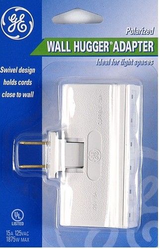 GE General Electric 54185 Polarized 3-Outlet Wall Hugger Tap Adapter, White, Swivel design holds cords close to wall, 2-Prong to Fist Most Plugs, Convert a Non-Grounded Outlet from 1 Plug to 3, Can hold up to 15 Amps or 1875 watts combined, Ideal for tight Spaces, UPC 043180566294, Packaged in Blister Pack measuring 5.5 x 3.5 x 1.25 in, 0.16 lbs (54-185 541-85)