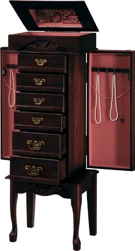 Linon 55010CHY-01-KD Jewelry Armoire 66/011, Cherry Finish, Birch Wood with MDF and Veneers, Ring holders, 8 necklace hooks behind swing out side doors, lined divided drawers and flip top mirrors, Some Assembly Required, Dimensions (W x D x H) 16.00 x 10.50 x 40.00 Inches, Weight 45.19 Lbs (55010CHY01KD 55010CHY-01 55010CHY 55010CHY01 55010CHY-01KD)