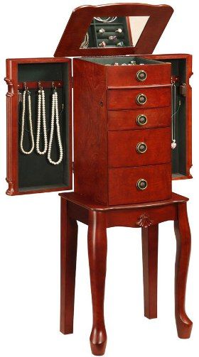 Linon 55032CHY-01-KD-U Jewelry Armoire, Cherry Finish, MDF and Qingyang Wood, Ring holders, 6 necklace hooks behind swing out side doors, lined divided drawers and flip top mirrors, Some Assembly Required, Dimensions (W x D x H) 13.25 x 9.00 x 36.00 Inches, Weight 22.71 Lbs, UPC 753793812076 (55032CHY01KDU 55032CHY-01-KD 55032CHY-01 55032CHY 55032CHY-01KDU C219-312RU C219312RU)