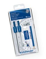Staedtler 55060S3A6 School Math Kit; Nine essential tools in a flip-open storage box; Includes one each of metal divider, metal compass with universal adapter, HB pencil, 6" protractor, 6" ruler, 30/60 degrees triangle, 45/90 degrees triangle, mini eraser, and sharpener; Shipping Weight 0.6 lb; Shipping Dimensions 6.25 x 3.75 x 0.7 in; UPC 031901949891 (STAEDTLER55060S3A6 STAEDTLER-55060S3A6 SCHOOL) 