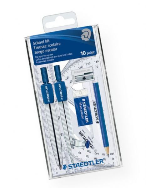 Staedtler 55060S3A6 School Math Kit; Nine essential tools in a flip-open storage box; Includes one each of metal divider, metal compass with universal adapter, HB pencil, 6