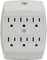 GE General Electric 55200 Six-Outlet Grounded In-Wall Tap with Saf-T-Gard, White, Internal shutters resist insertion of objects other than plugs, Tap is designed to cover only an existing grounding "duplex" (two 3-prong outlets) wall outlet, 15 Amp, 125-Volt AC, 1875 Watts maximum, UL listed, UPC 043180552006 (55-200 552-00)  