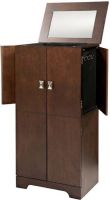 Linon 55235ESP-01-KD-U Victoria Jewelry Armoire, Free Standing Floor Armoire, Top section under lid has 4 divided compartments - 3 open, 1 ring holder, Top Drawer has 9 divided compartments, Drawers 2-4 are not divided, Flip Top Lid With Mirror, 8 necklace hooks, 4 drawers, Espresso Finish, 19" W x 13" D x 40" H, UPC 753793878140 (55235ESP01KDU  55235ESP-01-KD-U  55235ESP 01 KD U) 