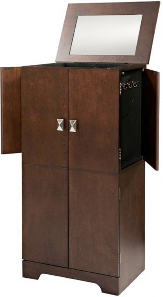 Linon 55235ESP-01-KD-U Victoria Jewelry Armoire, Free Standing Floor Armoire, Top section under lid has 4 divided compartments - 3 open, 1 ring holder, Top Drawer has 9 divided compartments, Drawers 2-4 are not divided, Flip Top Lid With Mirror, 8 necklace hooks, 4 drawers, Espresso Finish, 19